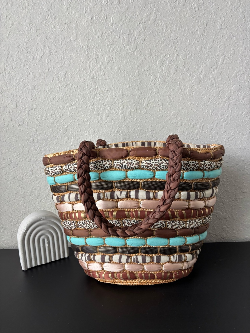 Woven Multi-Pattern Tote Bag in Brown & Turquoise - Unbranded
